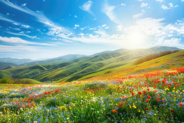 Obraz premium Rolling hills covered in wildflowers under a bright, sunny sky