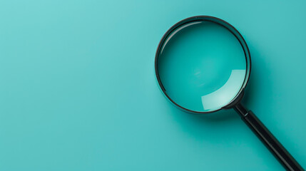 Magnifying glass on turquoise background, top view. Search and discovery concept