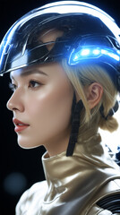 Cyberman wears a helmet and has blonde hair