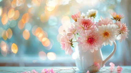 A closeup of delicate pink flowers arranged in a white vase against a blurred bokeh background