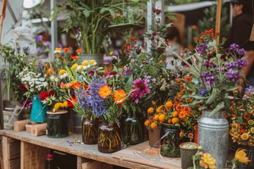 Eco-Friendly Floral Arrangements at Green Market with Recyclable Materials and Seasonal Flowers