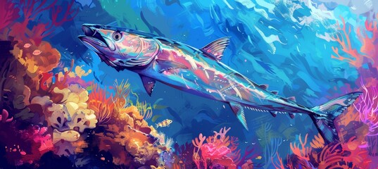 Dramatic Barracuda Hunt in Vibrant Coral Reef - Marine Life Adventure and Beauty for Poster Design
