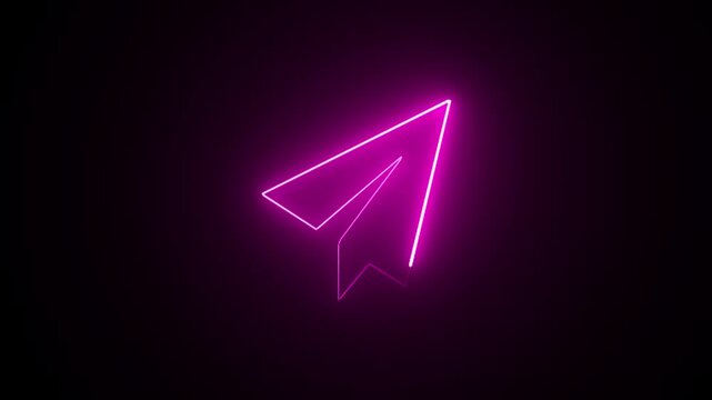Paper Plane neon sign appear in center and disappear after some time. Animated blue neon icon on black background. Looped animation.
