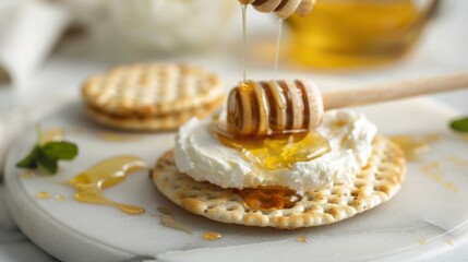 A closeup of a cracker with cream cheese being drizzled with honey
