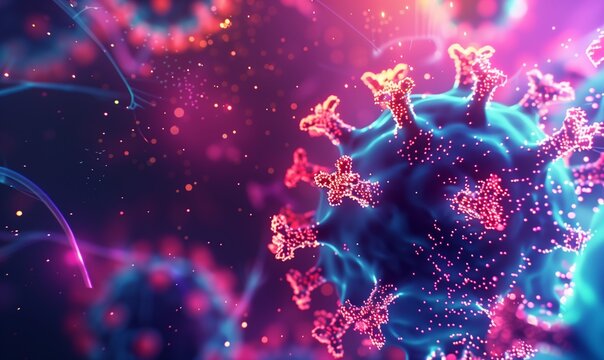 Un virus futuristico intrecciato con una rete neurale di batteri illuminati, rappresenta l'integrazione dell'intelligenza artificiale nella bioinformatica. Colori vibranti e dettagli complessi.