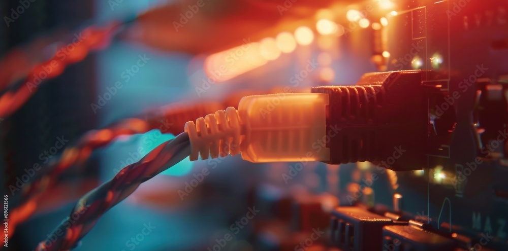 Poster A close up of an ethernet cable connected to a network device