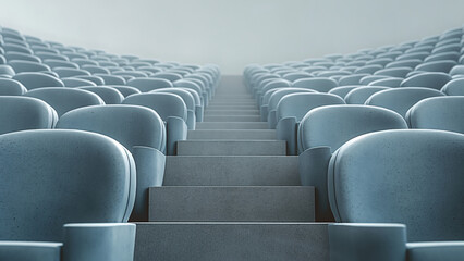 Obraz premium Empty rows of blue seats with stairs in the center in a modern theater or auditorium.