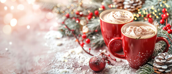 Red cup or mug with hot chocolate, coffee, tea with decorations on christmas background. Happy new year or Christmas mockup. Cozy wintertime leisure. Generative a