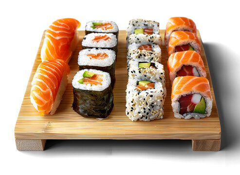 Assorted sushi rolls on a wooden platter