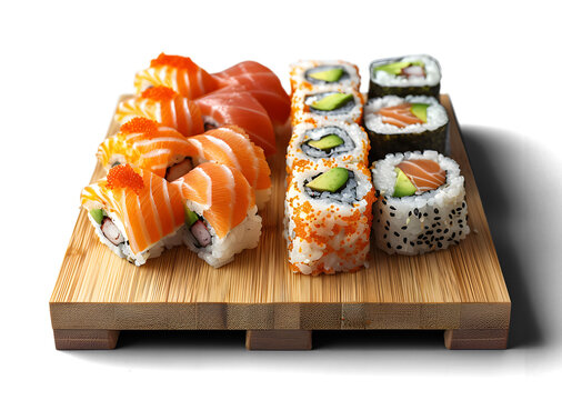 Assorted sushi rolls on a wooden platter