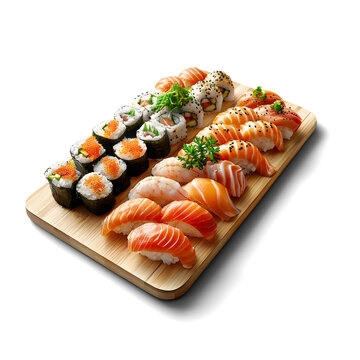 Assorted sushi rolls on a wooden platter