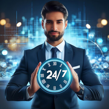  Nonstop Service 24-7 Concept- A businessman holds a virtual 24-7 clock, representing contin_1(217)