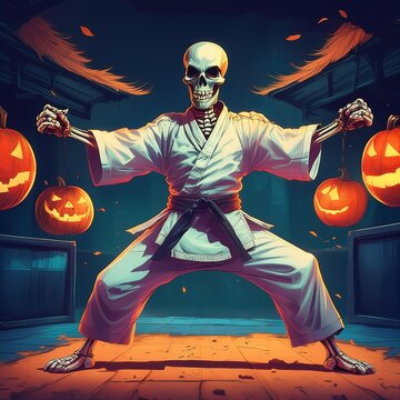 Skeleton in a karate uniform, breaking a pumpkin board, with a spooky dojo background powerful