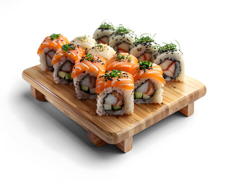 Assorted sushi rolls on a wooden platter