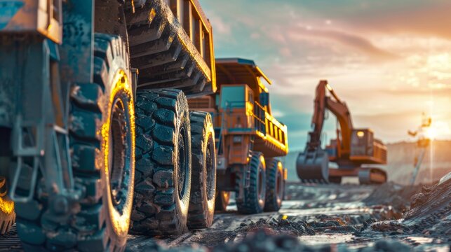 Mining and Metal Industry: Place several large mining trucks in the foreground, arranged in a neat line. 