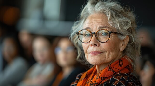 An older woman with glasses poses thoughtfully, capturing an aura of wisdom, reflection, and confidence amidst a blurred background, adding to the sense of contemplation.