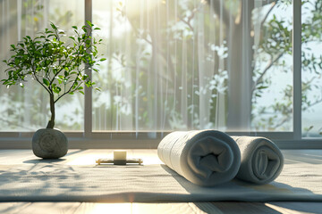 Yoga and meditation space with rolled towel and plants for health and relaxation