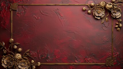 Elegant red and gold floral frame on textured background, perfect for invitations, announcements, or decorative purposes.