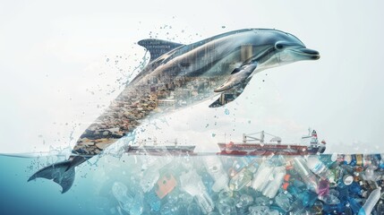 Obraz premium A dolphin jumps out of the water with a background of a large cargo ship and a lot of plastic trash floating in the ocean.