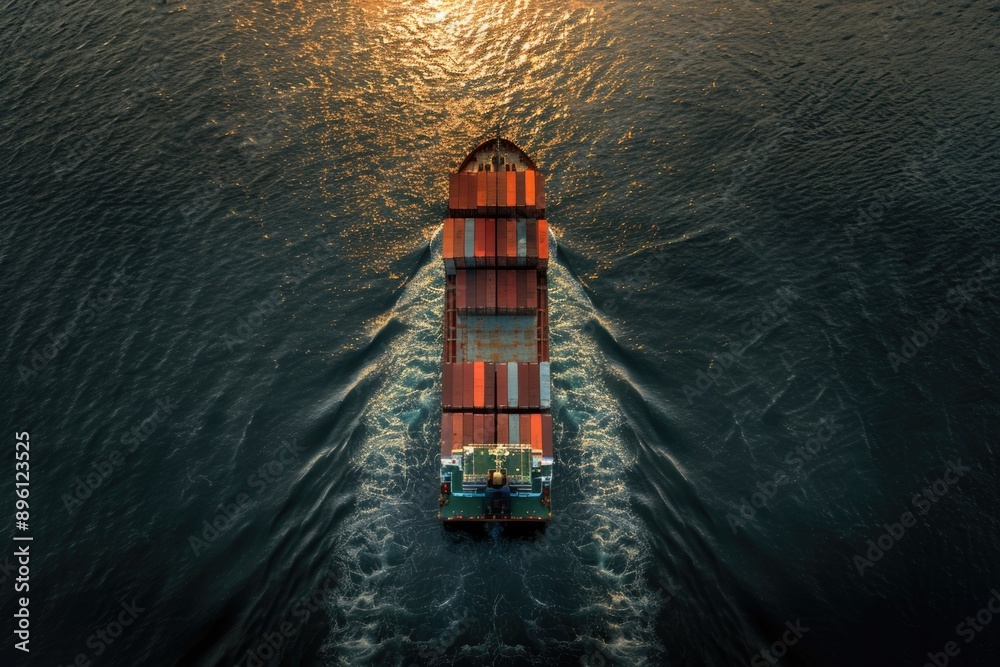Poster a large container ship sails across the open water, with cargo containers stacked high on its deck