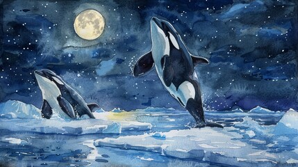 Fototapeta premium watercolor illustration. orcas play in the moonlight on an ice sheet, one of them holds her head up looking underwater while another whale sits next to her