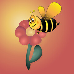 3D flower with a bee, volumetric flower. Beautiful realistic bee. Cartoon style. Illustration for banners, cards, congratulations. Vector graphics.