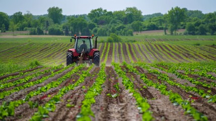 Obraz premium Farmer Operating Minimum Tillage Machine in Large, Neat Crop Field at Dusk