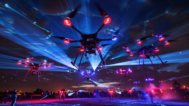A network of autonomous drones working together to perform aerial light shows, creating stunning visual displays in the night sky.