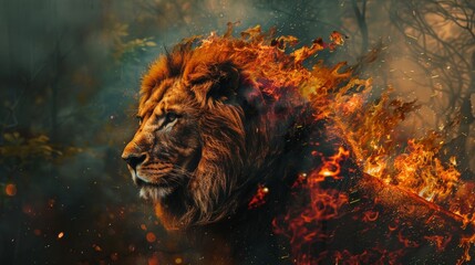 Naklejka premium A lion with fire mane.