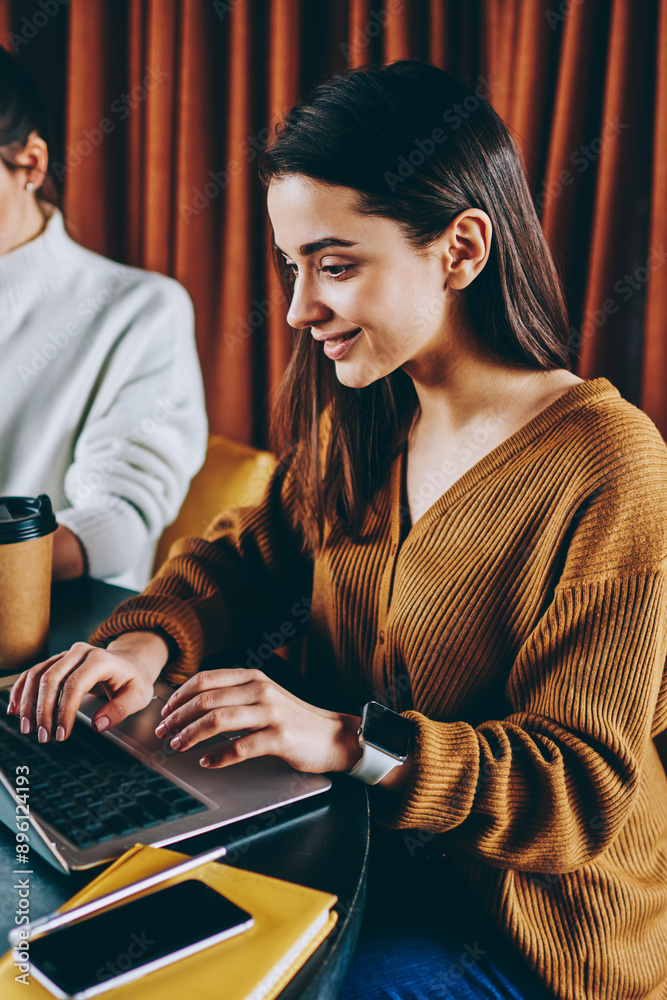 Wall mural successful female copywriters creating articles for website using good internet connection on laptop