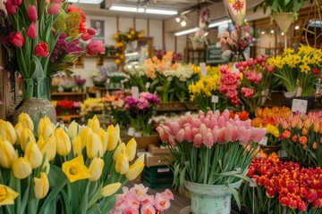 Naklejka premium Spring Flower Shop Sale with Vibrant Tulips, Daffodils, and Seasonal Blooms - Festive Atmosphere for Customers