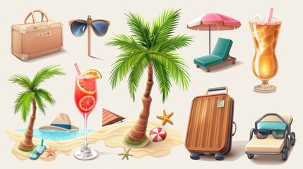 Fototapeta premium Realistic 3D icons for summer travel: beach elements, palm tree, cocktail, sunglasses, and a chaise lounge. Includes touristic suitcase and vibrant vector clipart. 