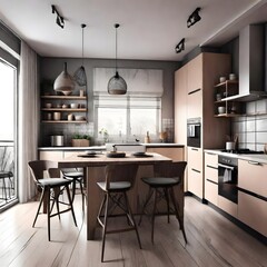 stylish kitchen interior with modern furniture.