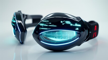 Futuristic augmented reality headset with sleek design and digital display, ideal for immersive tech experiences and virtual reality applications.