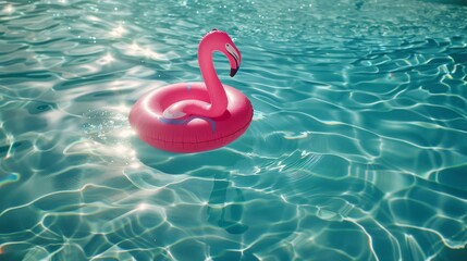 Symbolizing summer, a pink inflatable flamingo floats gracefully in an endless pool. 