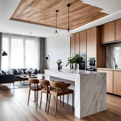 Dining room and kitchen in a new open plan home. Features White walls and ceiling and parquet floors. Beautiful furniture made of wood and marble.