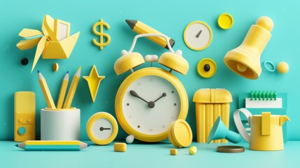 Vector illustration of 3D emoji icons depicting office settings with items like a yellow alarm clock, pencil, bell, and gold coin. Reflects business and education themes with school objects and new no