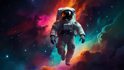 illustration background that features an astronaut floating through a vibrant, otherworldly nebula, with swirling colors and abstract shapes
