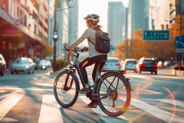 Fototapeta premium woman on a bike outside on a city street