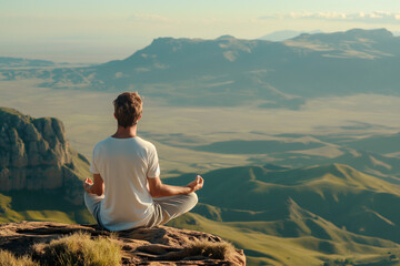 man meditating on a mountain with a beautiful view