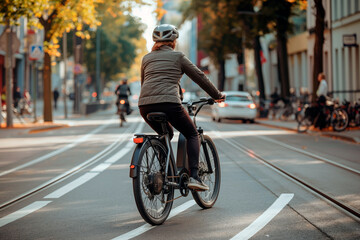 Fototapeta premium woman on a bike outside on a city street