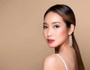 Fototapeta premium Pretty Asian Woman with Makeup and Luxury Charm- A portrait of a beautiful Asian woman with_1(243)