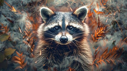 Obraz premium A raccoon is looking at the camera in the forest.