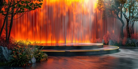 Fototapeta premium A modern, empty stage podium with vibrant orange curtains and a lush arrangement of green plants.