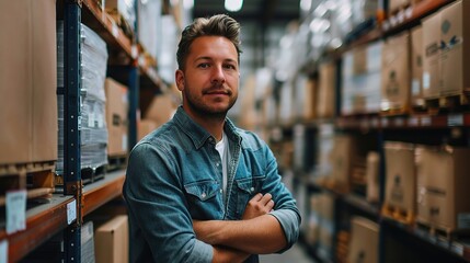 Fototapeta premium Warehouse Confidence: A young male worker stands confidently amidst rows of stocked shelves in a bustling distribution center, embodying efficiency and industry. 