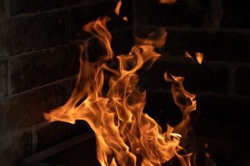 Burning fire flame in the fireplace