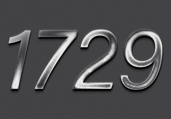 Chrome metal 3D number design of 1729 on grey background.