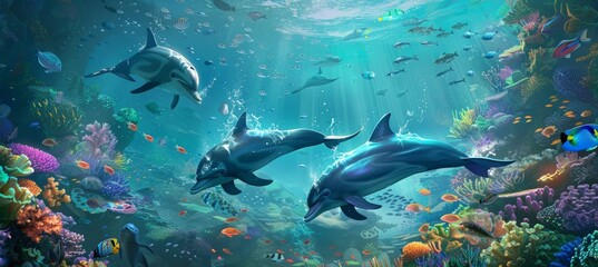 Fototapeta premium Vibrant Underwater Scene with Dolphins and Tropical Fish in a Colorful Coral Reef