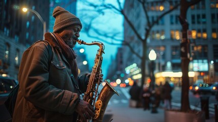 Obraz premium Soulful Saxophonist Serenading Street Corner at Dusk with City Lights and Skyline