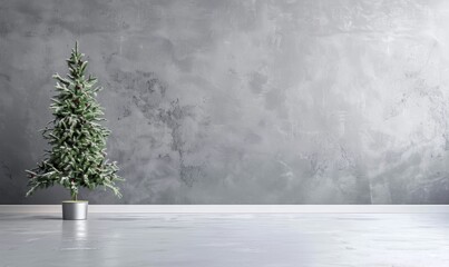 Fototapeta premium Minimalist Christmas Tree Near Classic Gray Textured Wall: Monochrome Empty Living Room Scene Mockup. Elegant Holiday Decor in Neutral Tones for Promotional Background. Aesthetic 4K Wallpaper Showcasi